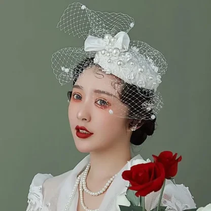Luxury Net Veil Fasinator with Pearl-like Decor - Image 2