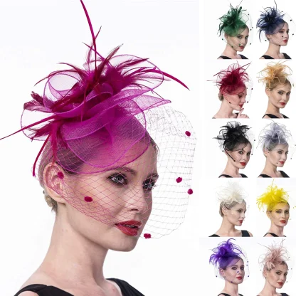 Net Veil Polka Dot Headpiece with Faux Feather - Image 11