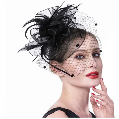 Net Veil Polka Dot Headpiece with Faux Feather - Image 4