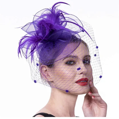 Net Veil Polka Dot Headpiece with Faux Feather - Image 7